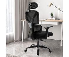 KERDOM Sedia da Ufficio Ergonomica, Poltrona Ufficio con Braccioli Pieghevoli e Poggiatesta Oscillante, Poltrona Girevole con Supporto Lombare, Poltrona Girevole con Supporto Lombare