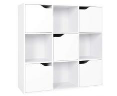 Homfa Mensola Libreria in Legno con 9 Cubi 5 Ante Mobile Portaoggetti Scaffale Cubo Porta Libri CD Bianca 90 × 29 × 90cm