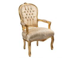 Poltrona Barocco - Stile Luigi XIV° - Sedia in Mogano Oro e Seta Beige Damascata