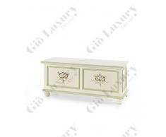 Cassapanca, stile classico, in legno massello e mdf con rifinitura in bianco lucido con decori - Mis. 120 x 44 x 51