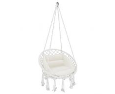 Poltrona Sospesa Da Giardino Corda Di Cotone Effetto Macrame Struttura Pensile In Acciaio Cuscino Amaca Sedia A Dondolo Con Seduta Imbottita Per Esterno Terrazzo Design Moderno Fino A 160 Kg (Ecrù)