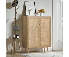 Anmytek Credenza alta naturale con parte anteriore in rattan, armadietto da cucina a buffet in legno con 2 ante e ripiani regolabili in rovere rustico, H0030