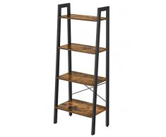 VASAGLE Scaffale a Scala, Libreria a 4 Ripiani, Mobile Portaoggetti con Struttura in Metallo, per Soggiorno, Camera da Letto, Cucina, Nero e Marrone Scuro LLS44X