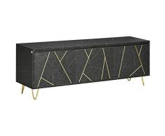 homcom Mobile Porta TV fino a 65 con Armadietti e Ante a Chiusura Ammortizzata, Finitura Effetto Marmo e Gambe in Metallo, 147x35x52cm, Nero