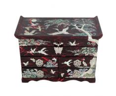 Portagioielli Ciondoli Souvenir Oggetti Preziosi Porta Orecchini Braccialetti Anelli In Legno Madreperla Carta Di Gelso Rossa Con Design Gru e Pini Contenitore Con Cassetti Scrigno Con Specchio