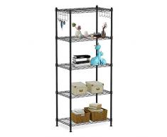 alvorog Scaffale in Metallo a 5 Ripiani, Scaffale da Cucina con Altezza Regolabile e 10 Ganci Laterali, Scaffalatura Multifunzionale con capacità di carico 25 kg per ripiano, 59 x 34 x 150 cm - Nero
