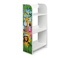 Leomark scaffale per cameretta bambini, mobile porta giocattoli, libreria armadio pannelli stile scandina, mobili in legnotema, motivo: ANIMALI DELLA GIUNGLA, dimensioni: 50cm x 25cm x 102,5cm (LxPxA)