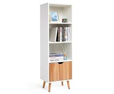 Meerveil Libreria, Libreria Scaffale con 1 Cassetto 3 Spazi Aperti Stile Scandinavo Adatto per Soggiorno Camera da letto Ufficio, 40 x 30 x 129 cm, Bianco Quercia