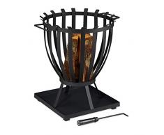 Relaxdays Braciere da Giardino Aperto XXL, 57 x 56 x 47,5 cm, Focolare Rotondo con Base & Attizzatoio, Acciaio, Nero