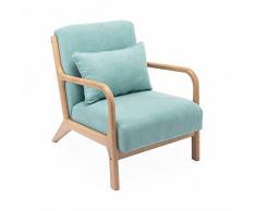 Alices Home Poltrona di design in legno e tessuto, 1 seduta fissa diritta, gambe a compasso scandinave, verde acqua