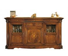 Credenzone classico intarsiato 220 x 55 x H 115 cm, grande credenza in stile classico con intarsi e intagli, completamente in legno naturale, credenza classica artigianale fatta a mano