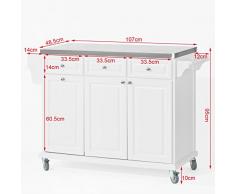 SoBuy Carrello di servizio, Scaffale da cucina, Mensola angolare, legno+ acciaio(piano), bianco, FKW33-W, IT
