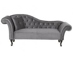 Chaise Lounge Vintage Chesterfield Grigio Velluto Bottone Ciuffo Sinistra Lattes