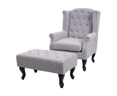 Mendler Poltrona stile vittoriano Chesterfield tessuto - grigio con poggiapiedi