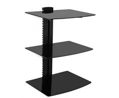 Mount-it! Scaffale di intrattenimento AV sospeso a parete per lettori DVD, decoder via cavo, audio, sistemi di gioco, 3 ripiani regolabili in altezza in vetro temperato nero