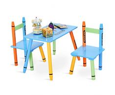 COSTWAY Set di 3 Pezzi Tavolino per Bambini con 2 Sedie Set di Mobili per Bimbo in MDF + Legno di Pino, Multicolore