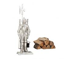 Relaxdays 10022289 Set Camino Cavaliere in Ghisa, 4 Pezzi, Paletta, Scopetta, Attizzatoio e Porta Attrezzi, Colore Argento