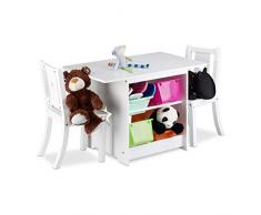 Relaxdays Set Mobili per Bambini Albus con Contenitore, 1 Tavolino e 2 Sedie in Legno Tavolo per Cameretta dei Bimbi, Bianco, pz