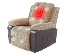 FAMOYI Poltrona Relax Reclinabile Poltrona Riscaldamento Massaggiante Elettrica Sedia del Soggiorno Salotto in Tessuto Corduroy Marrone con Poggiapiedi e Telecomando, 90x73X100cm