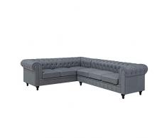 Beliani Divano Angolare in Tessuto Grigio Destro Gambe in Legno Scuro a 6 Posti Chesterfield