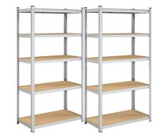 SONGMICS Set di 2 Scaffalature a 5 Ripiani, Scaffale in Acciaio, Montaggio Senza Attrezzi, Utensili, Strumenti in Garage, Magazzino, Ripostiglio, Portante 600 kg, 50 x 100 x 200 cm, Argento GLR050E02