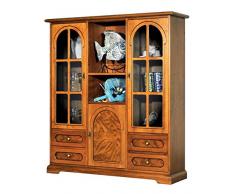Vetrinetta classica con 2 ante in vetro con griglia e 4 cassetti con inserti in radica. Ripiani regolabili in altezza, realizzata in Italia in MDF e legno massello. Vetrina bassa da salotto.