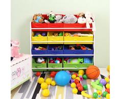 Songmics Scaffale per Giocattoli Mobiletto Multi-Ripiano per Bambini con 12 Scatole in Tessuto non Tessuto Rimovibili Multicolori Telaio Bianco GKR16W