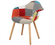 eSituro Sedia Patchwork Cucina Poltrona Cameretta con Schienale Braccioli Tessuto di Lino Gambe di Legno SDC0016-1