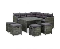 Tidyard Set 6 pz Divani Angolari da Giardino con Cuscini in Polyrattan Grigio,Divano ad Angolo,Divano Angolare 5 Posti+Tavolo+4 Sgabelli,Set Tavolo e Sedie da Pranzo Giardino per Esterno