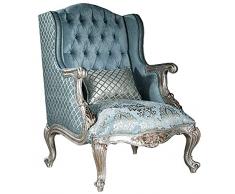 Casa Padrino poltrona a orecchioni barocco di lusso azzurro/argento/oro 77 x 80 x A. 113 cm - Poltrona da soggiorno con motivo elegante e cuscino decorativo - Mobili da soggiorno barocco