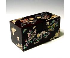 Portagioielli Ciondoli Souvenir Oggetti Preziosi Porta Orecchini Braccialetti Anelli Con Cassetti In Legno Marrone Laccato e Madreperla A Forma Di Cubi Uguali Con Design Farfalle Fiori e Arabeschi Contenitore Da Viaggio Scrigno