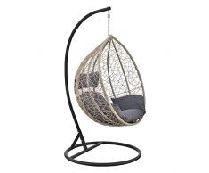 Poltrona Sospesa in Polyrattan con Struttura di Supporto in Acciaio - Altezza Completa 195 cm, Supporto Fino a 150 kg - Sedia a Dondolo da Uso Esterno/Interno con Cuscini Grigi - Poltrona Marrone