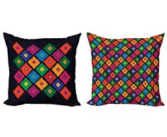 ABAKUHAUS Arte Popolare Federe Cuscini Set di 2, Piazze Patchwork Etnici, Stampa Digitale Fronte-Retro Accento Moderno, 40 x 40 cm, Multicolore