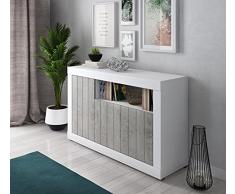 Dmora Credenza moderna a 3 ante, Buffet da cucina, Madia con scaffali e ripiani, Mobile da soggiorno Porta TV, cm 138x42xh86, colore Bianco e Cemento