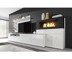 Home Innovation- Mobile Soggiorno- Parete da Soggiorno con biocamino a bioetanolo, finiture bianco mate e bianco laccato, dimensioni: 290 x 170 x 45 cm di profondità.