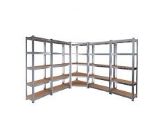 Sistema Di 5 Scaffali Metallo e MDF 25 Ripiani Regolabili 1 Scaffale Angolare 4 Scaffali Per Magazzino Alta Portata 4375 kg Totali Scaffalatura Officina Garage Cantina Capannone Design Modulare