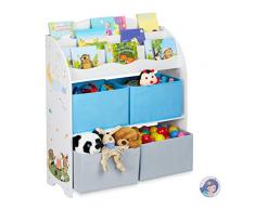 Relaxdays Portagiochi, 4 Box, Motivi Falò, Giocattoli, Libri, Scaffale Cameretta Bimbi, 98x82,5x30 cm, Colorata, Truciolato, Tessuto, Bianco-Giallo, Set da 1