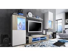 Vladon Set da Soggiorno Movie, Parete attrezzata con 1 Mobile TV, 2 vetrine e 1 scaffale, Bianco Opaco/Rovere Grezzo, incl. Illuminazione LED Blu (Totale: 300 x 190 x 39 cm)