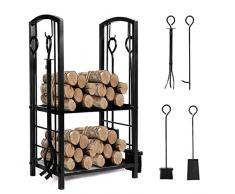 Portalegna Verticale Supporto Scaffale in Metallo Porta Legna 2 Ripiani 4 Ganci per gli Accessori da Camino, Acciaio, Antracite, 74 x 40 x 30 cm (Nero)