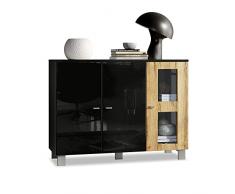 Vladon Credenza Denjo, mobile a 3 ante, nero opaco/nero lucido/quercia naturale (107 x 81 x 35 cm)