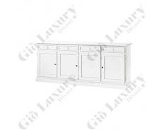 Credenza, stile classico, in legno massello e mdf con rifinitura in bianco opaco - Mis. 205 x 42 x 86