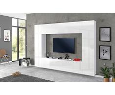 Dmora Parete attrezzata da Soggiorno, Made in Italy, Base Porta TV e pensili e scaffali, Set Salotto Moderno, cm 260x30h180, Colore Bianco Lucido