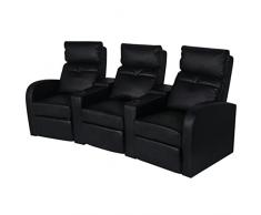 vidaXL Divano a 3 Posti Reclinabile in Pelle Artificiale Nera Arredo Salotto