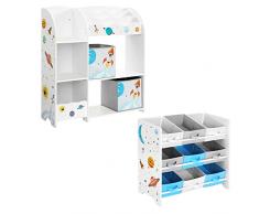SONGMICS Scaffale per Giocattoli con 9 Ceste Portagiochi, Libreria per Bambini con 2 Contenitori, Mobile Cameretta, per Libri e Giochi, Bianco, Grigio e Azzurro GKR601W01