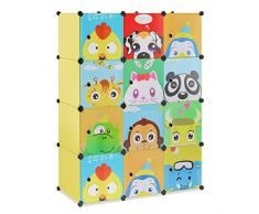 HOMFA Cartoon Armadio Bambino - Armadietto Componibile a Muro, Stanzino Combinato, Armadietto in Moduli Plastici per Stoccaggio di Abbigliamento, Cassa per Gioccattoli con Carini Motivi, Giallo (12-Cubo)
