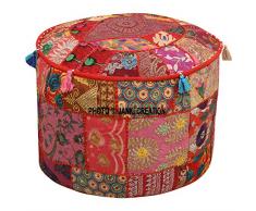 Janki Creation Indiano Rotondo Patchwork Ricamato Pouf ottomano Bohemien Indiano Decorativo Patchwork ottomano Pouf, Home Living Room Vintage Pouf Dimensioni 33 x 45,7 x 45,7 cm