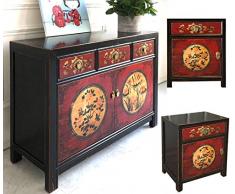 OPIUM OUTLET - Comò cinese con 2 comodini, credenza, comodino, stile shabby chic, motivo coloniale (RedMagic-3)