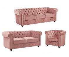 Vente-unique - Divano 3 posti e 2 posti e Poltrona in Velluto Rosa pastello - CHESTERFIELD
