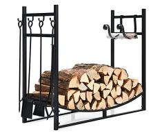 COSTWAY Porta Legna per Interni ed Esterni, Porta Legna per Camino di Metallo con Pala, Attizzatoio, Pinze, Scopa, Porta Legna da Ardere per Camino, Stufe e Braciere, Portata 50 kg (90 x 33 x 76 cm)