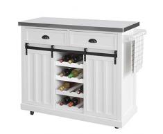 SoBuy Credenza cucina vetrina Shabby Isola cucina con ruote Piano in acciaio inossidabile con portabottiglie e 2 armadietti L116*P46*A95 cm bianco FKW94-W